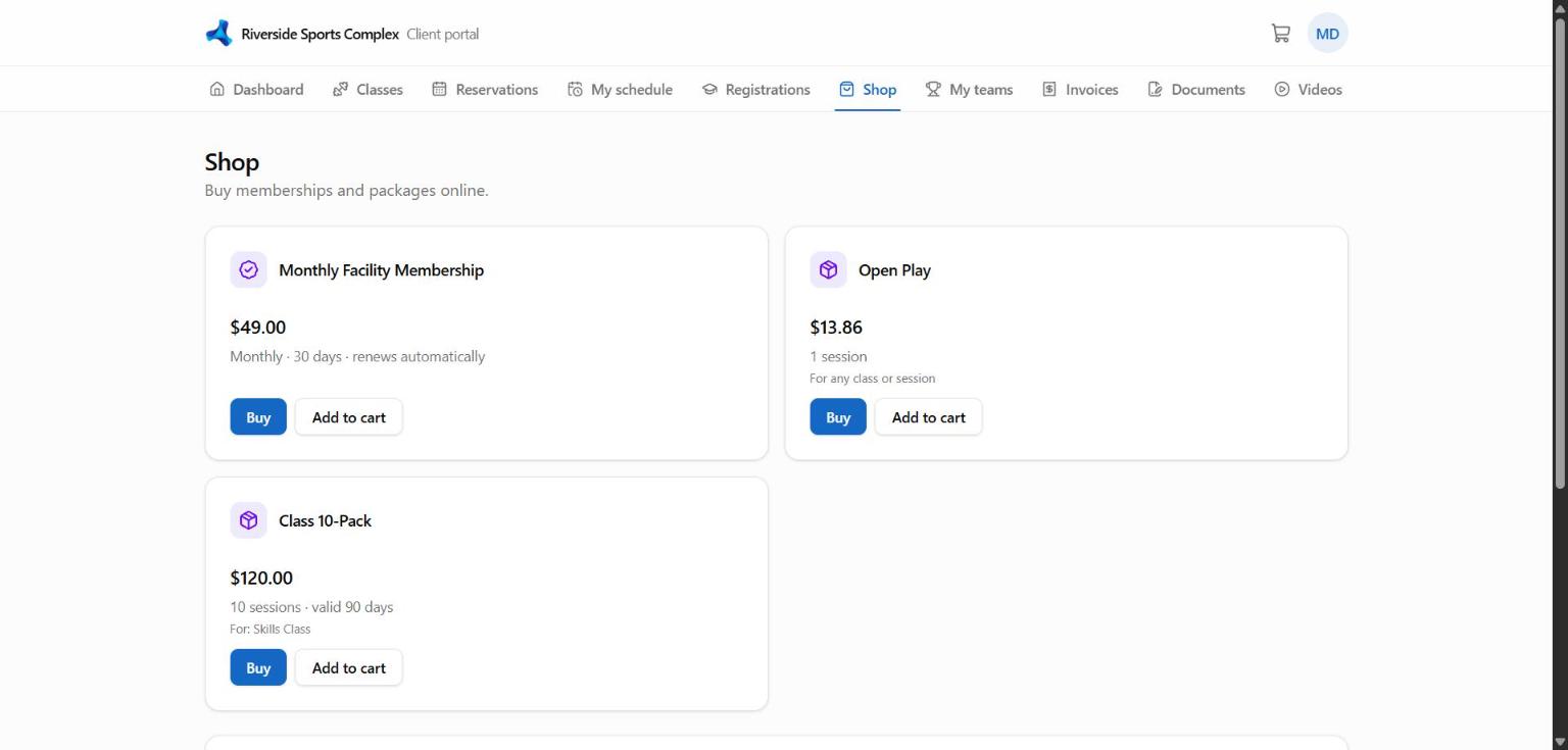 The portal shop with memberships and packages