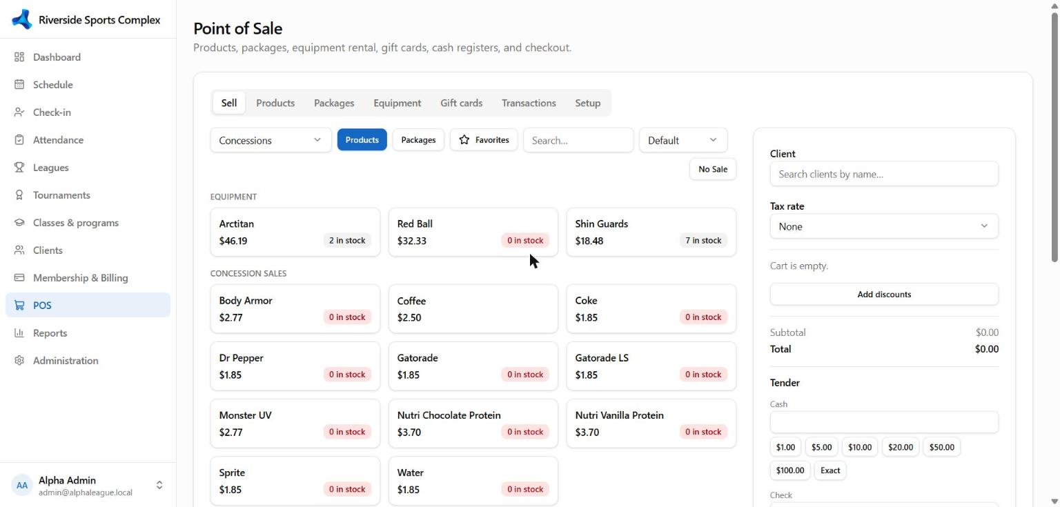 The point of sale: products on the left, cart and tender on the right