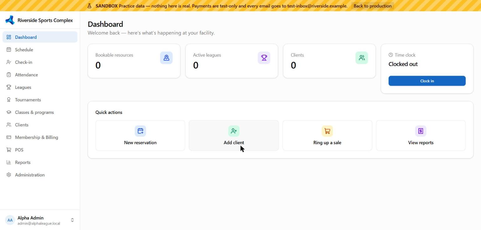 A sandbox: the amber SANDBOX bar with the test inbox and a Back to production button